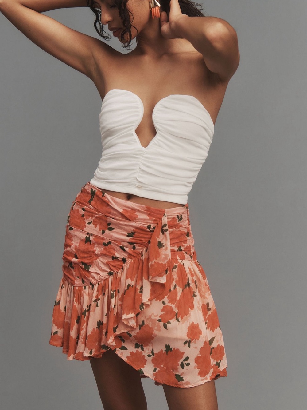Maeve Coral Floral Ruffle Wrap Mini Skirt